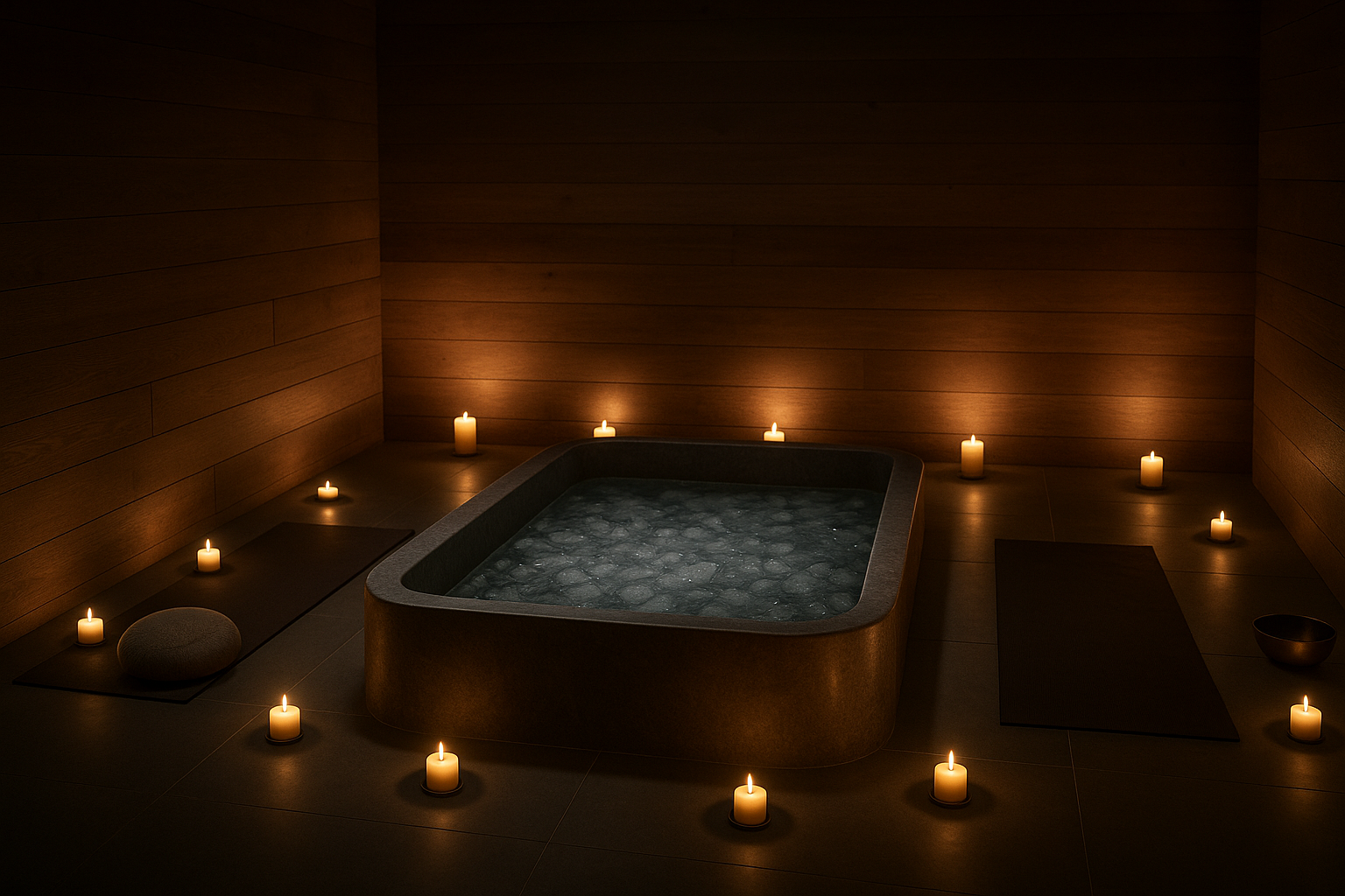 Eisbad bei Nacht mit Kerzenlicht